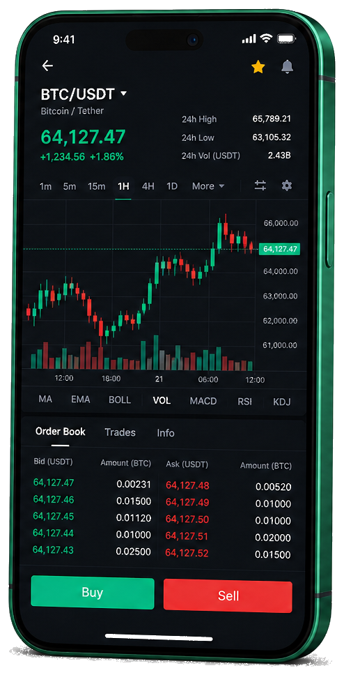 Opetek trading platform on mobile — live BTC/USDT chart, order book, and buy/sell interface